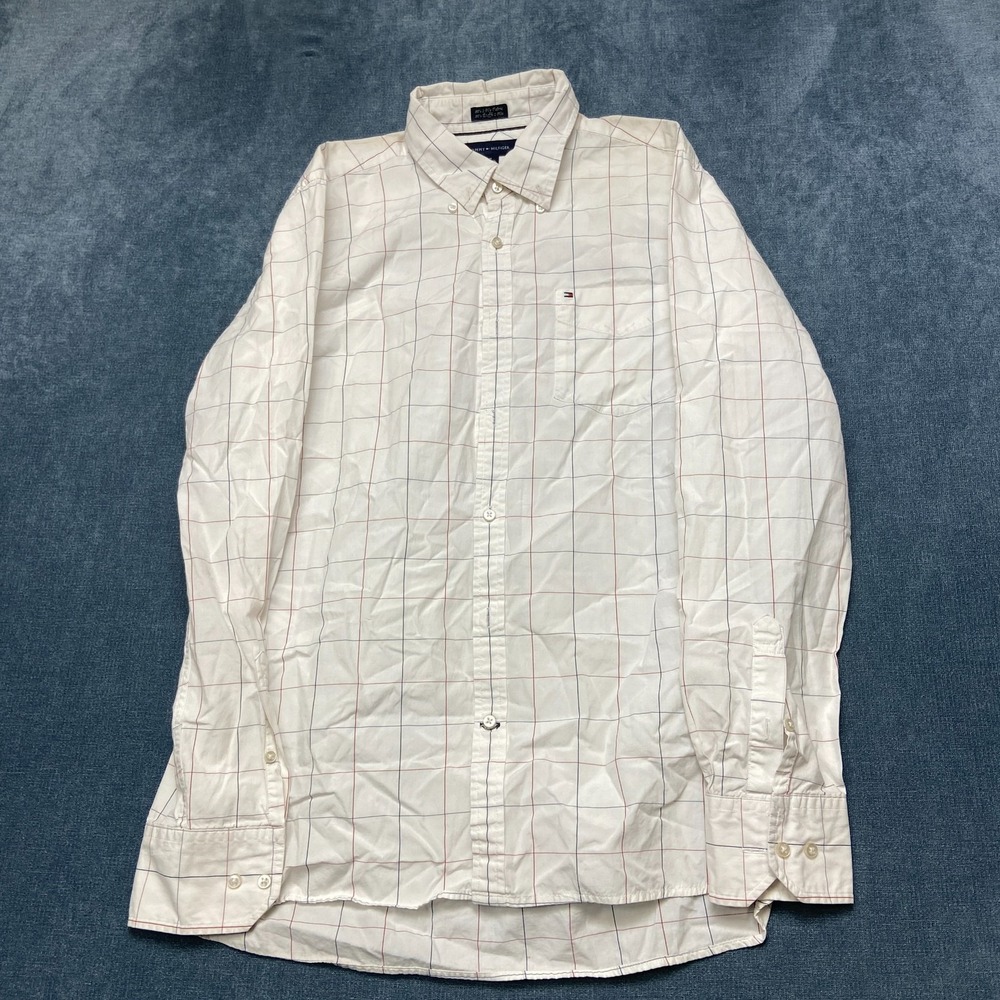 Vintage Tommy Hilfiger 80's 2 Ply Fabric Dress Shirt Mens M 15.5-16 White Grid